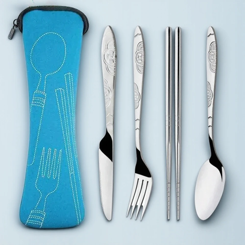 Portable Stainless Steel Cutlery Set 4/3Pcs Dinnerware Camping Tableware with Bag Family Use