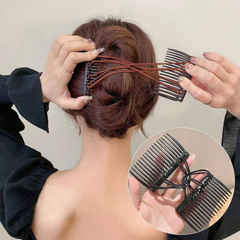 French Elegant Stretchy Knotted Double Comb Hair Clip Adjustable Elastic No Crease Hairpins Women Updo Ponytail Holder Barrettes