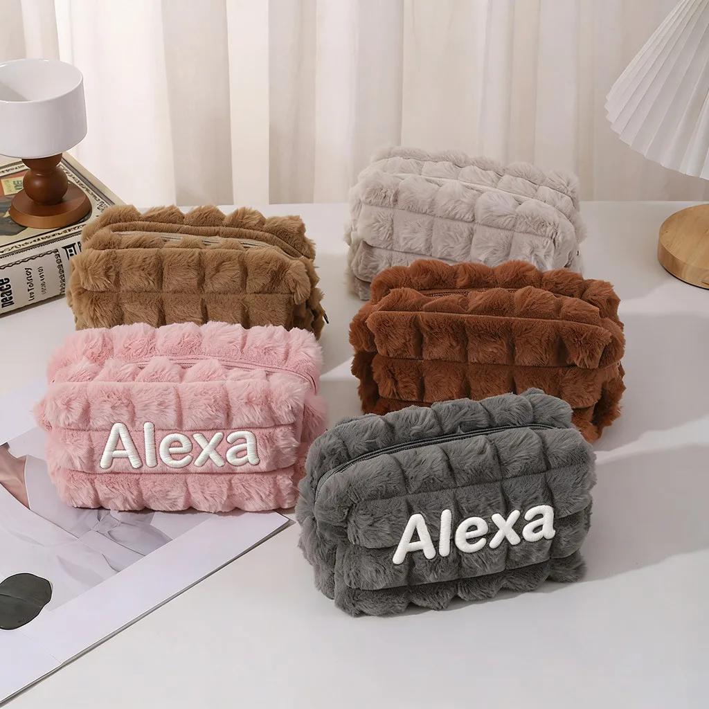Custom Large Capacity Plush Makeup Pouch Embroidered Name Student Cosmetic Pencil Bag Temperament Girl Cosmetic Bag Clutch Bag