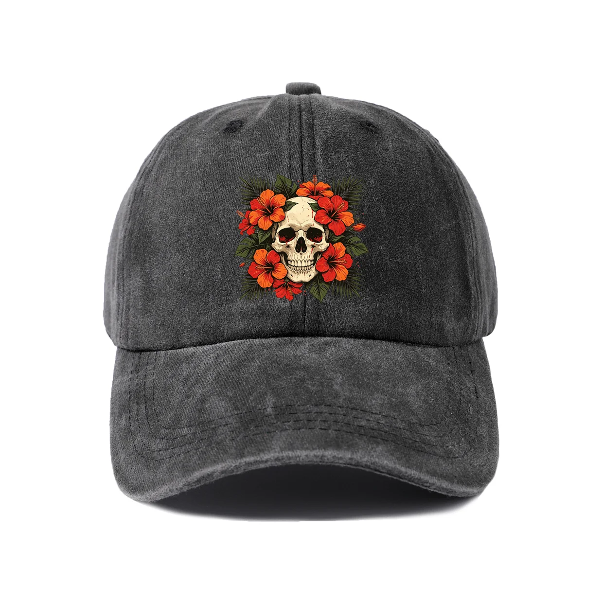 Red Floral Skull Graphic Baseball Cap, Vintage Washed Adjustable Unisex Dad Hat, Streetwear Gift