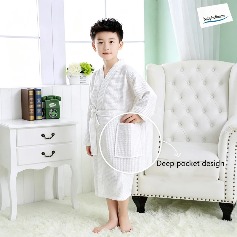 Sommer-Kinder-Bademantel aus Baumwolle mit Waffelmuster, Weicher Saugfähiger Kimono-Bademantel mit Gürtel für Jungen und Mädchen, Nach dem Bad, Spa, als Schlafanzug – Detail 8