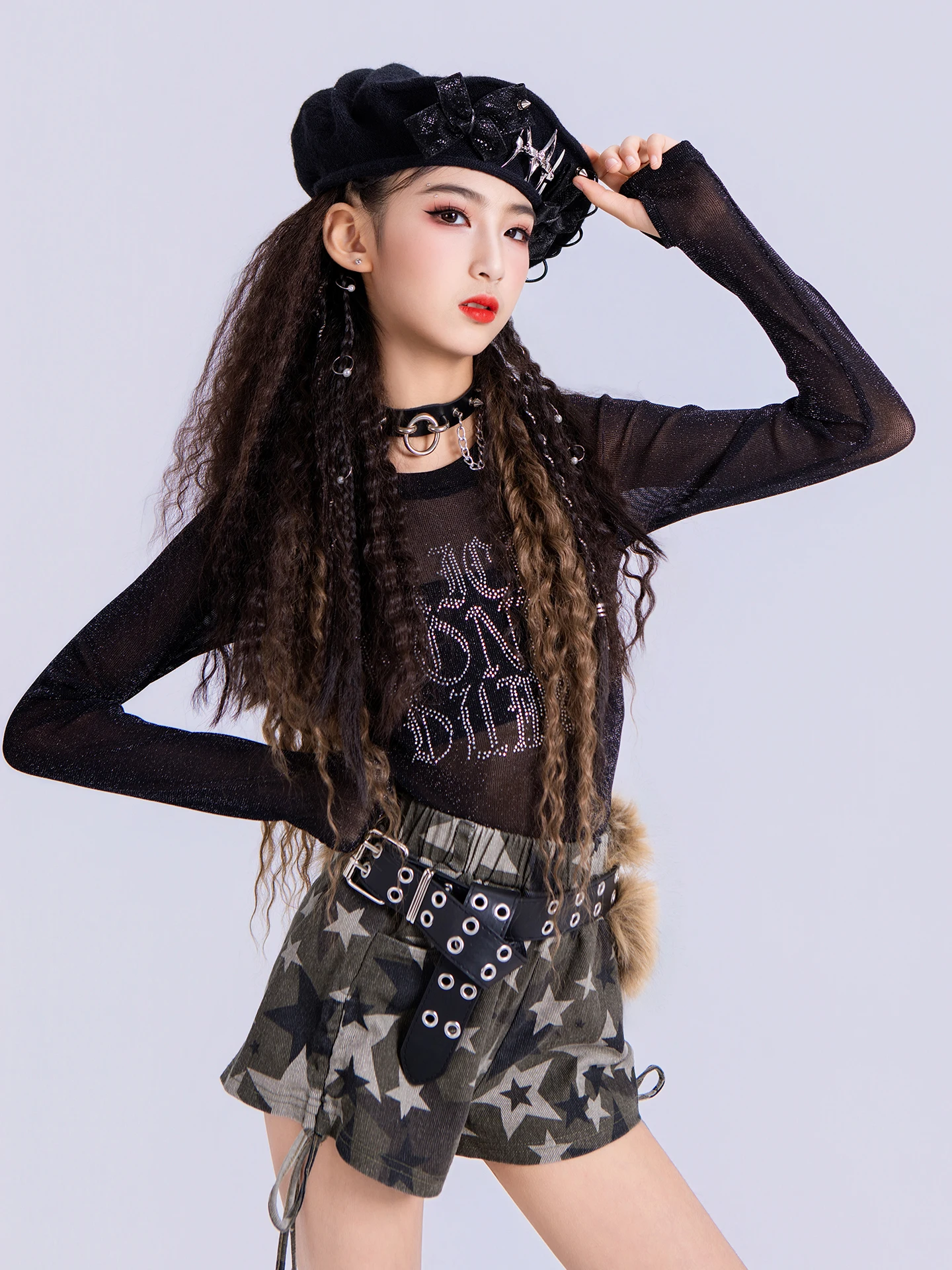 2025 الأطفال الهيب هوب الرقص أزياء مسرحية شبكة القمم بنطال جلدي Kpop وتتسابق للفتيات الجاز الرقص مرحلة الملابس DQS21649