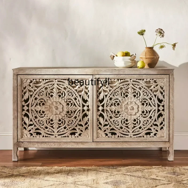 

French solid wood dining side cabinet, American hollow carved shoe cabinet, old Bohemian porch cabinet