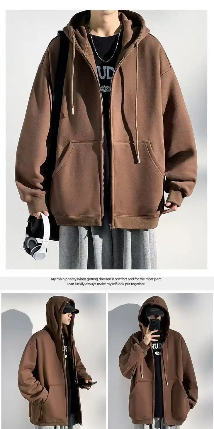Men's Spring 2027 Hooded Sweatshirt Jacket, Lightweight and Loose-Fitting Fall Top, Available in Gray, Black, and Brown.