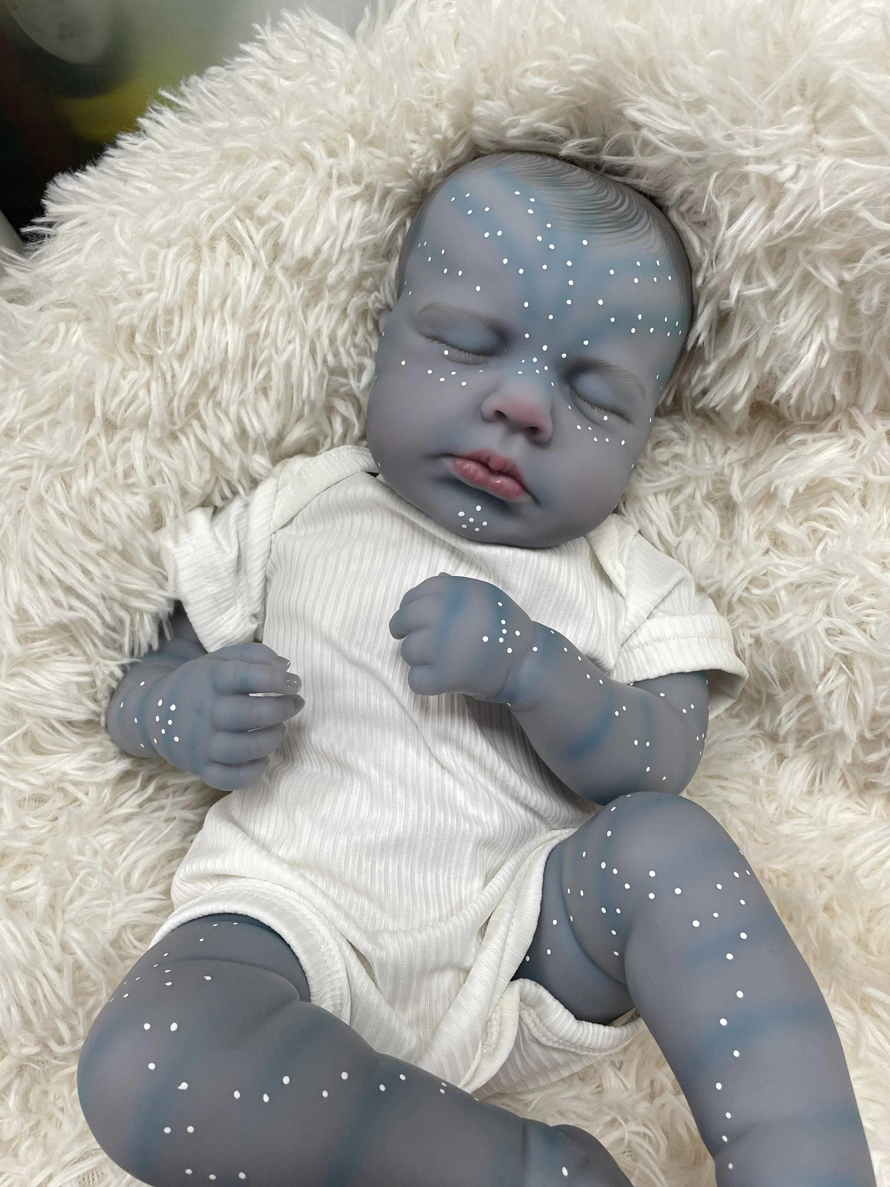 48cm loulou versão de pele azul toque macio pano corpo já terminado pintura realista dormir boneca reborn com desenhar à mão cabelo