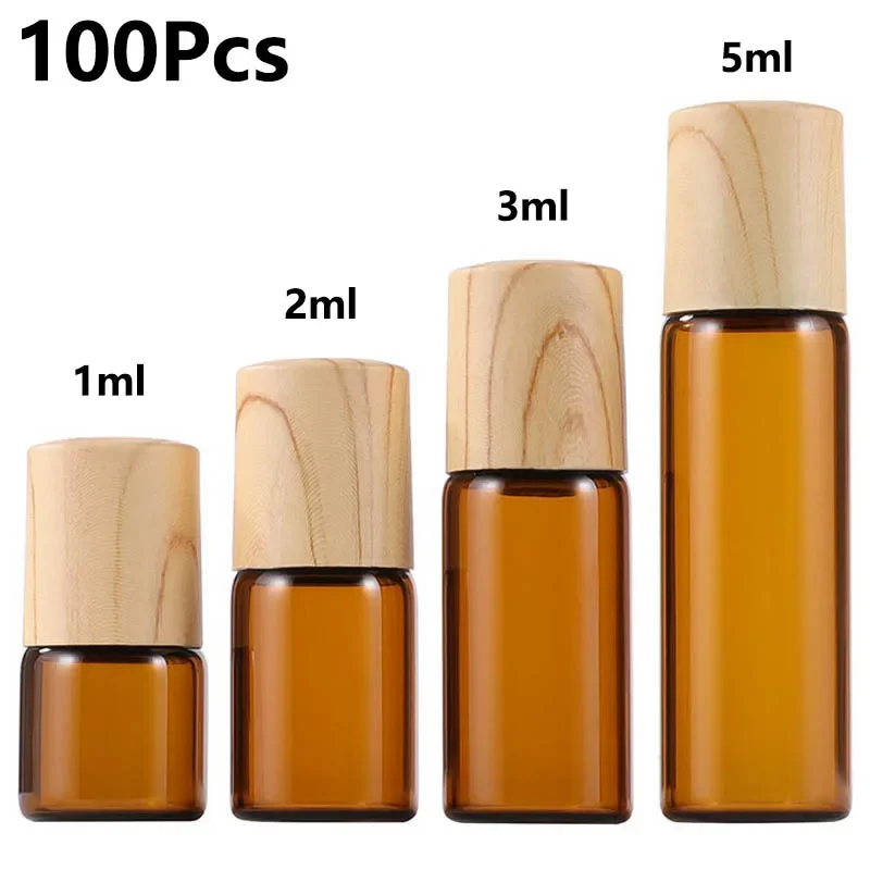 

100Pcs 1/2/3/5ml Amber Glass Roll On Bottle With Wood Grain Lid Refillable Perfume Roller Bottle Travel Essential Oil Containers