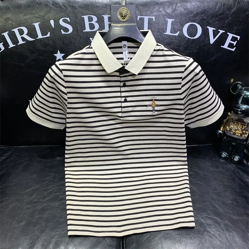 Men's Embroidery Summer Thin Ice Silk Cotton Lapel Short Sleeve T-Shirt Trendy Striped Top Clothing