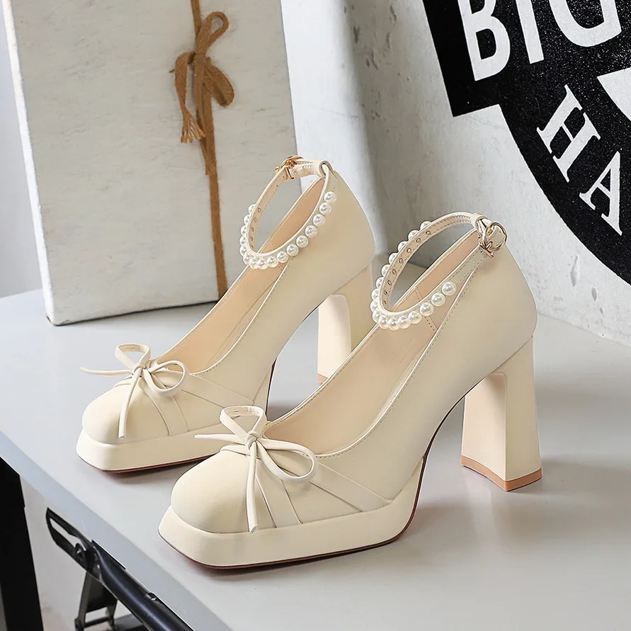 

Летние модные свадебные туфли BIGTREE с бантом и жемчугом, женские туфли-лодочки на квадратном каблуке, босоножки, туфли для платья, Zapatillas De Mujer