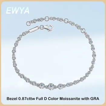 EWYA round bezel 0.87cttw full D color Moissanite diamond bracelet for women 925 silver GRA certified 19cm link bracelets gift