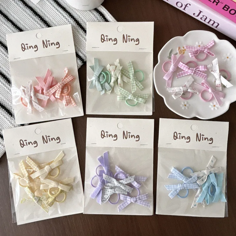 Premium 6 Pack Korean Children Hair Elastics Fabric Bow Floral Plaid Small for Little Girls Daily Wear