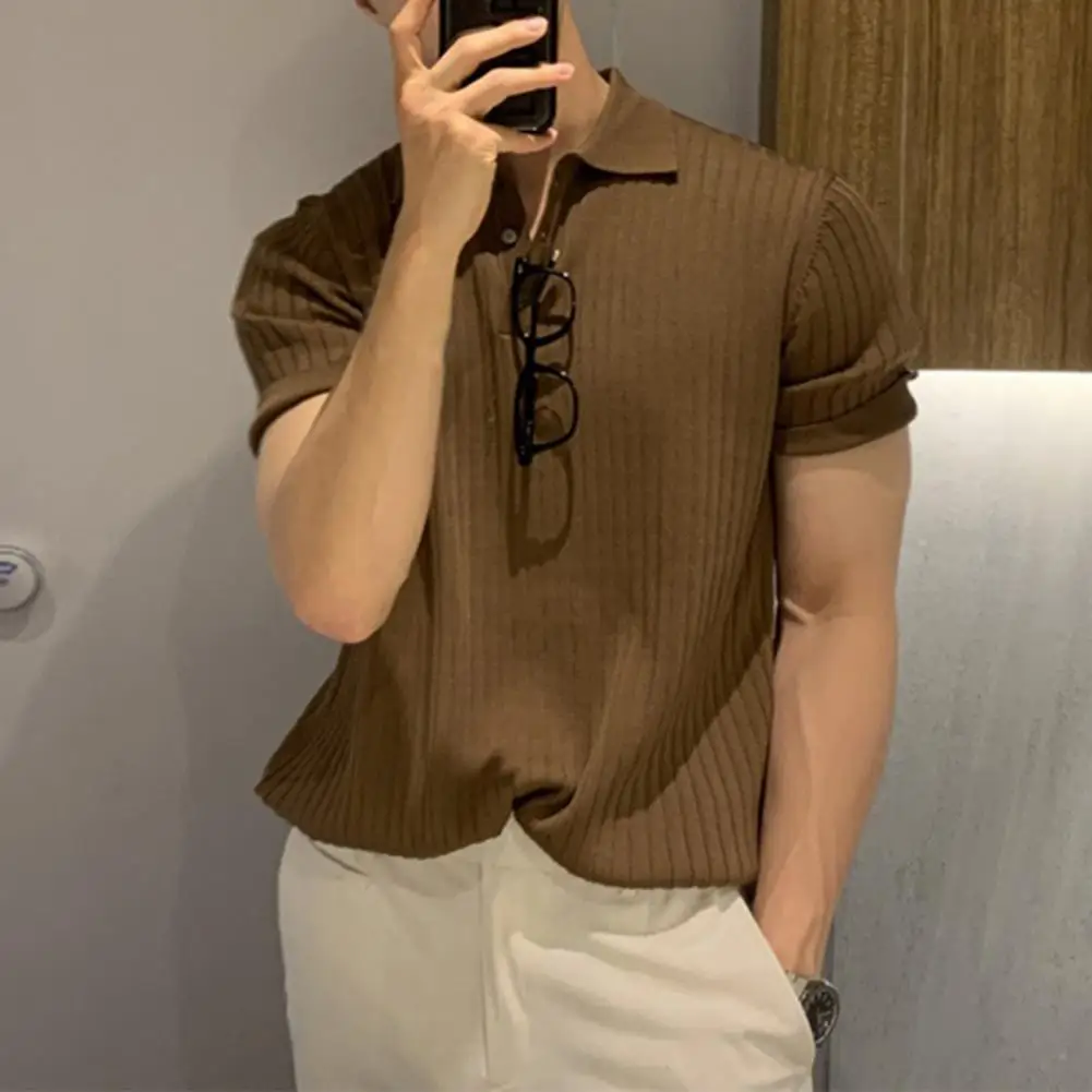 Hot！Lapel Short Sleeve Buttons Half Placket Loose Turn-Down Collar Men T-shirt Summer Knitting Ribbed Shirt Top Streetwear