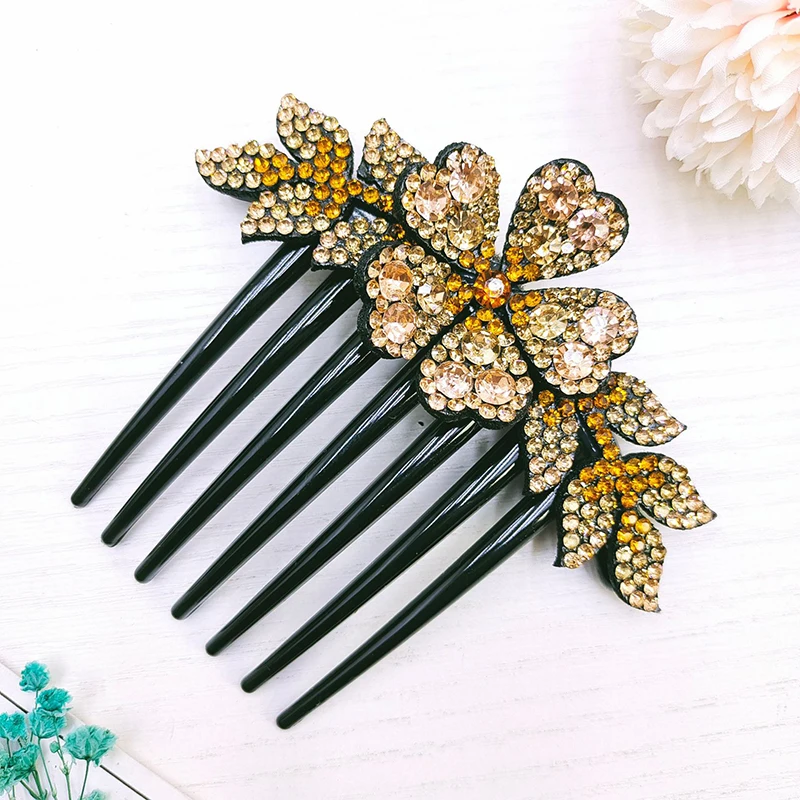 Vintage Flower Crystal Hairclips Fashion Hair Maker Bun Hair Combs Plastic Hairpins Anti-slip Elegant Women Hair Accessories DIY