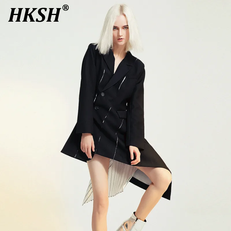 HKSH 2024 Autumn Winter New Women Dark Split Diagonal Buckle Waist Slim Spliced Striped Lining Mid Length Blazer Dress Set H2772