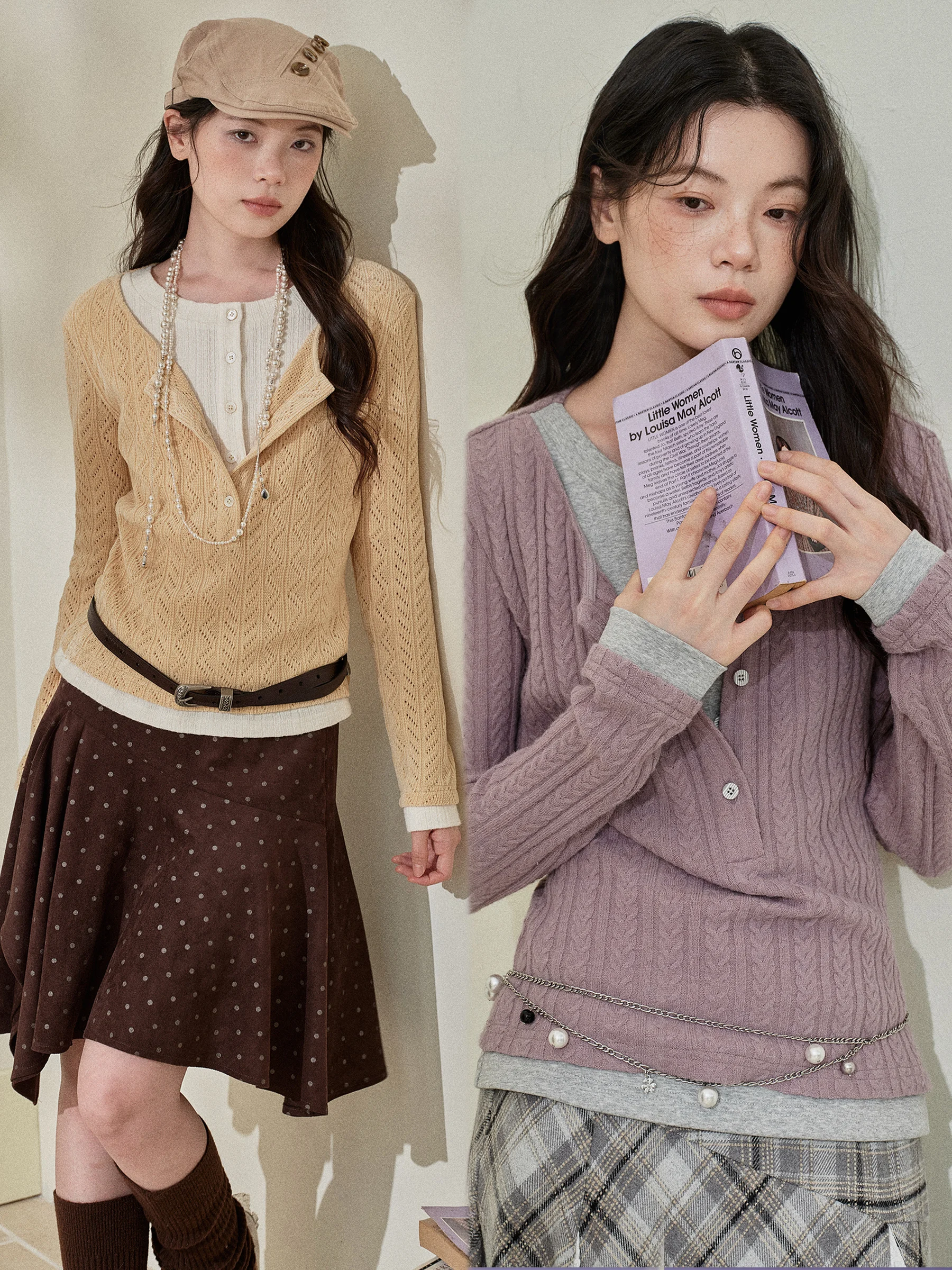 

Оригинальный двухцветный (желтый и фиолетовый) вязаный топ с длинными рукавами для студенток, имитирующий двухслойность, из мягкого полиэстера.