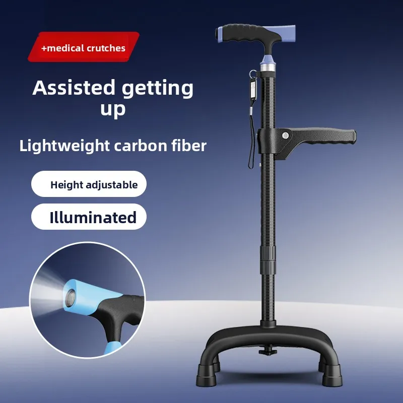 LED Light Walking Stick Crutches for Adults - Adjustable Aluminum Alloy Crutch with Non-Slip Four Legs Base for Seniors/Disabled