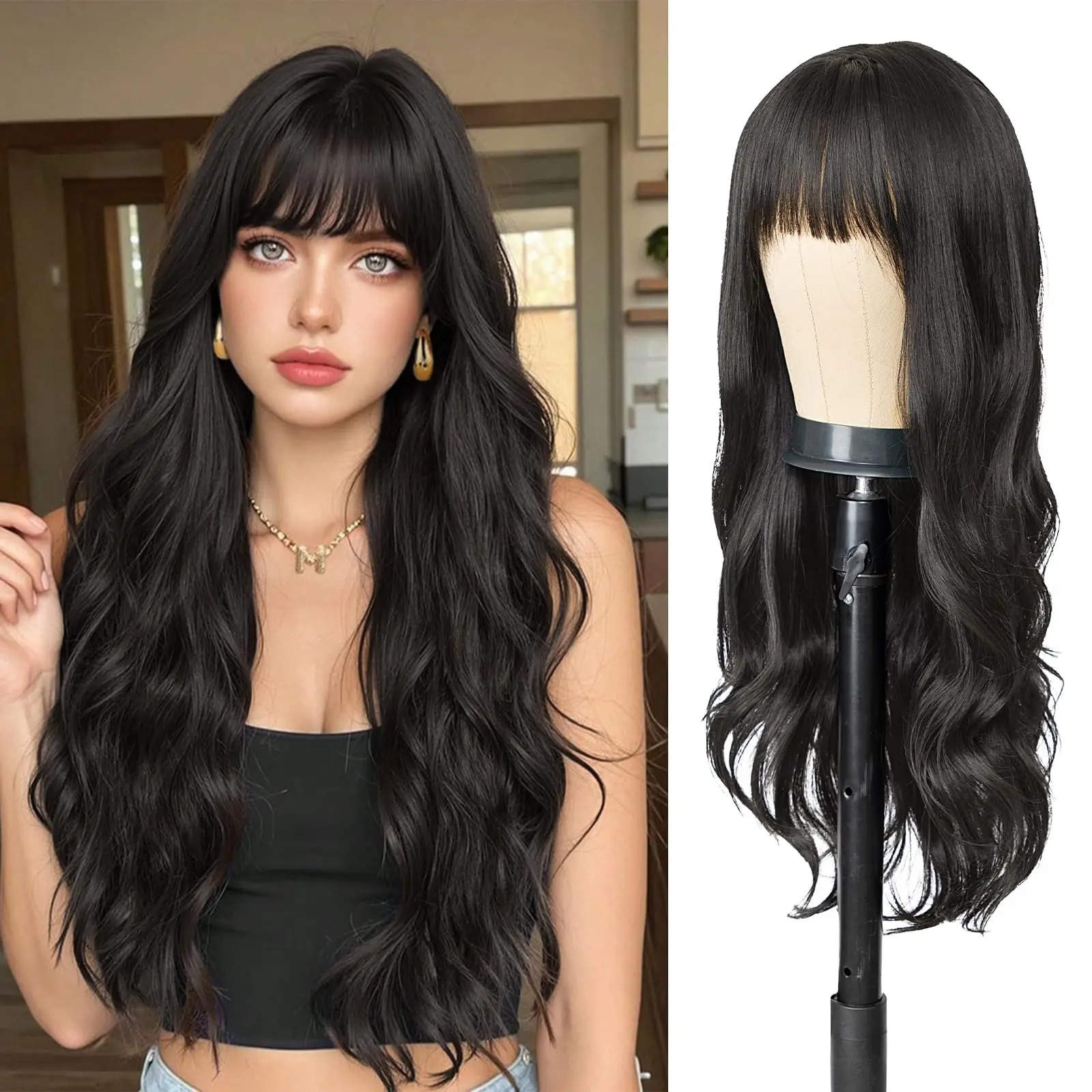 Black fashionable fringe wavy synthetic wig for Halloween party cosplay role-playing hair, daily wig, hot wire wig headband