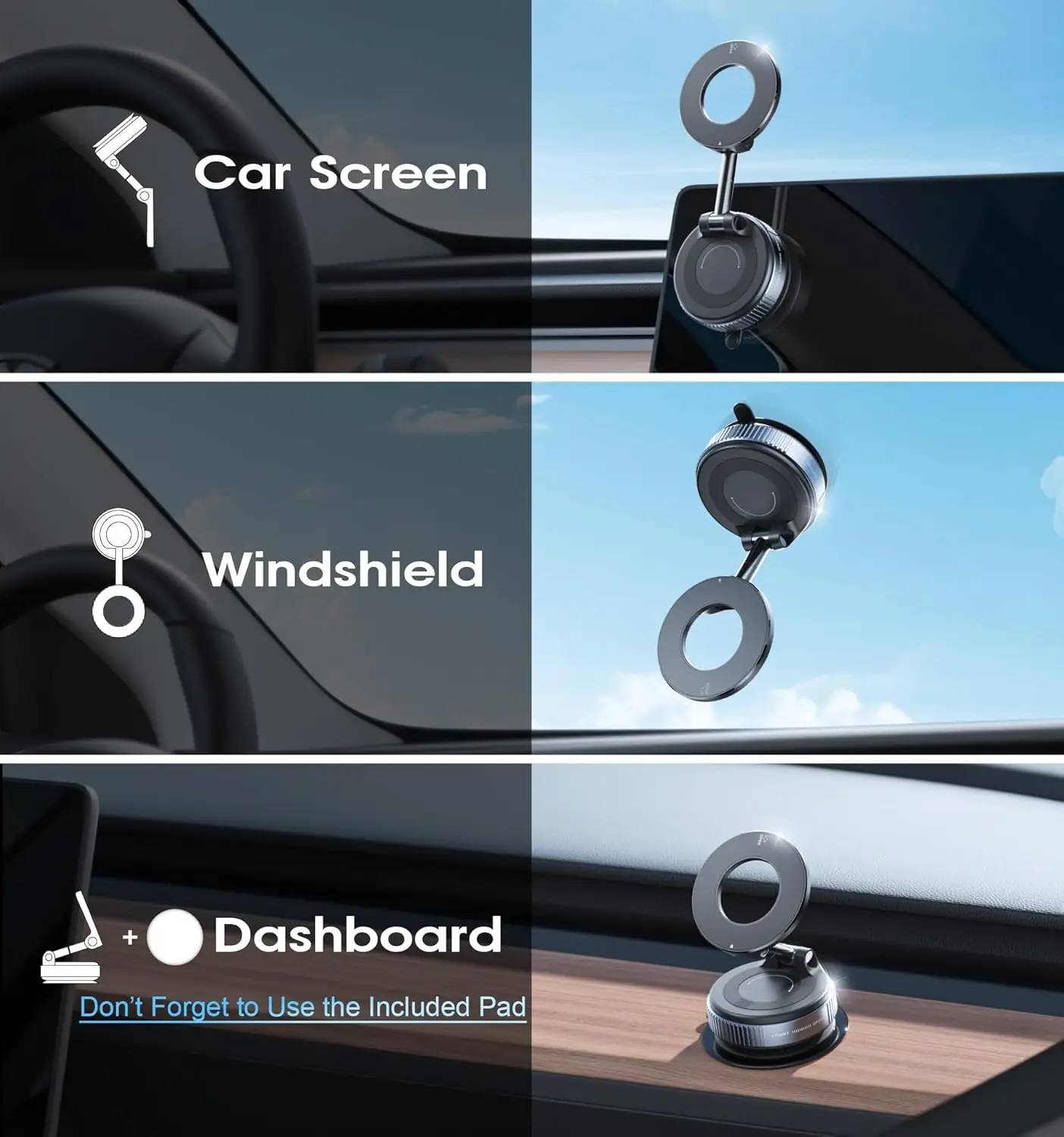Foldable Vacuum Suction Magnetic Phone Mount 360° Rotatable Mobile Holder for Car Windshield Dashboard and Desktop Use