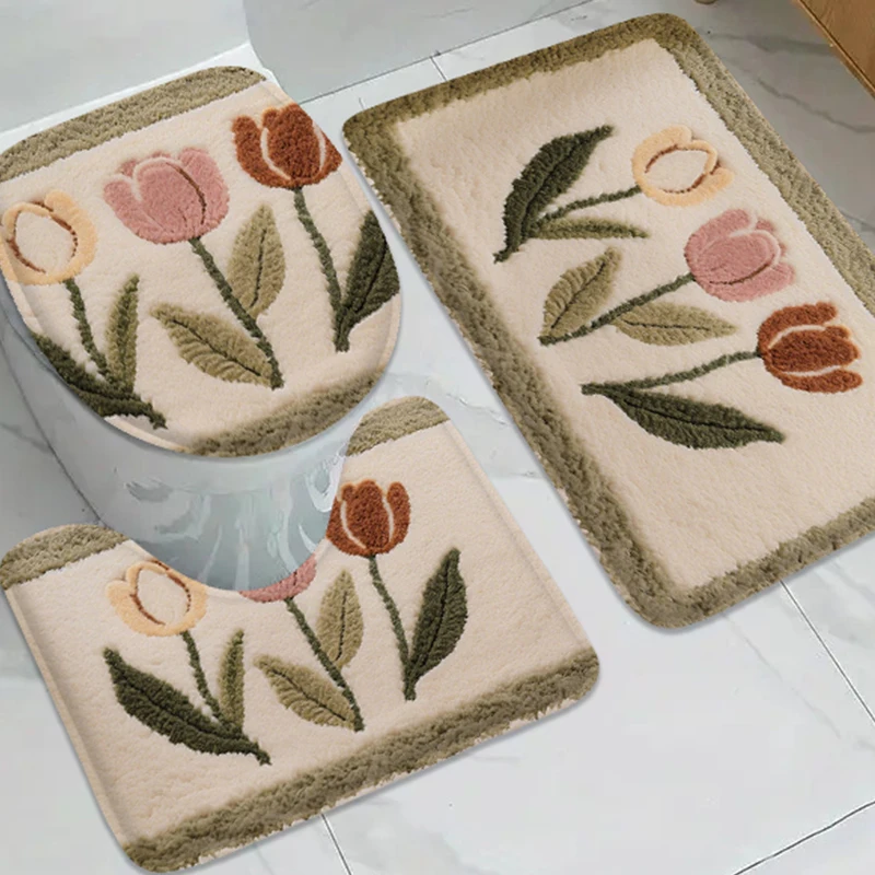 3pcs Korean Style Bathroom Floor Mat U-Shaped Toilet Lid Mat Laundry Room Anti Slip Mat Bathroom Foot Carpet Bedroom Door Mat