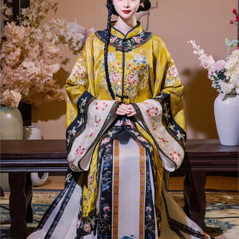 Qing and Han Women's Pingyao Shanxi Merchants Placket round Neck Qing Dynasty Plaid Dress Heavy-Duty Long Embroidery Suit