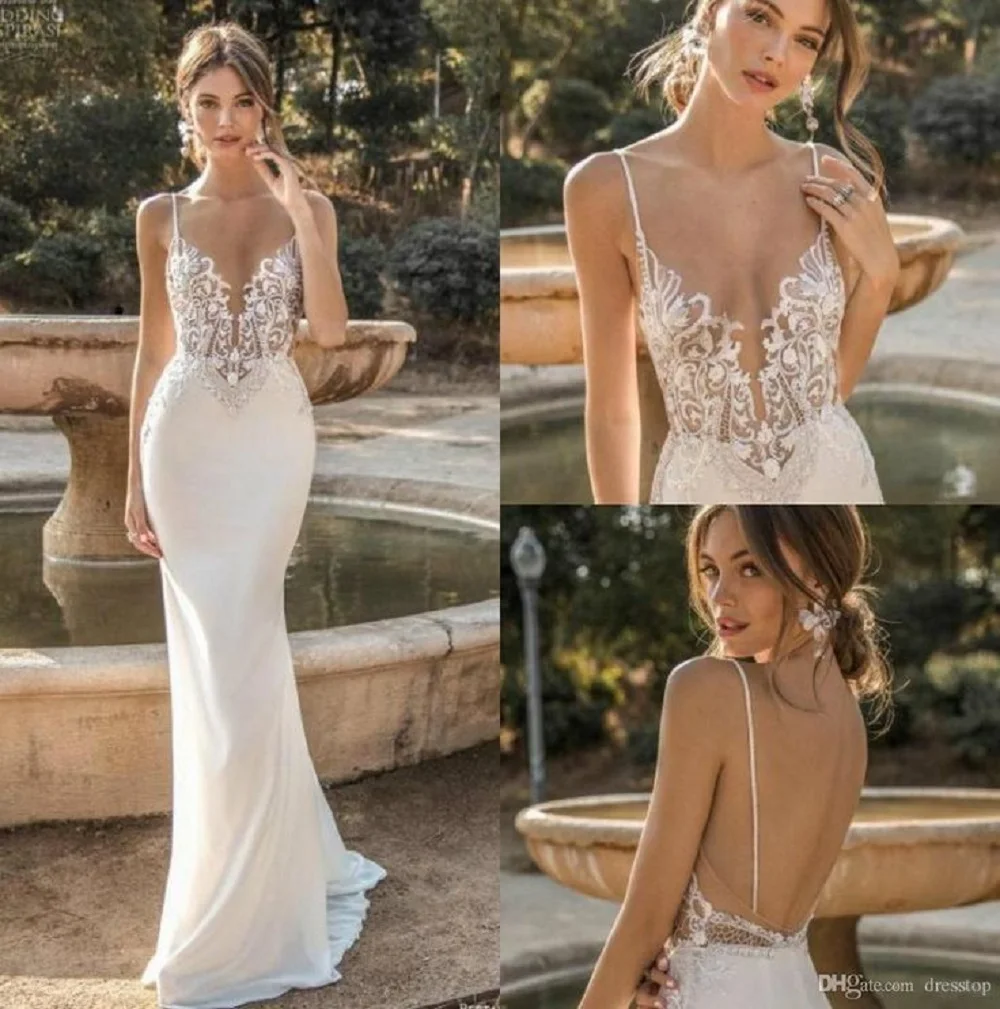 

Mermaid V Neck Appliques Beading Spaghetti Straps Sleeveless Custom Maxi Robe Wedding Dresses For Women