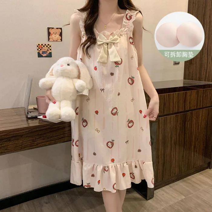 

Hello Kitty Bow Suspender Nightgown Women's Sleepwear Summer Detachable Chest Cushion Cotton Cute Sweet Cartoon Home Outfit New