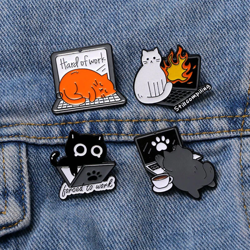 Cartoon Computer Cat Enamel Brooch Lapel Pin Hard Of Work Flame Still Compiing Coffee Work Cute Cat Badge Jewelry Friend Gift