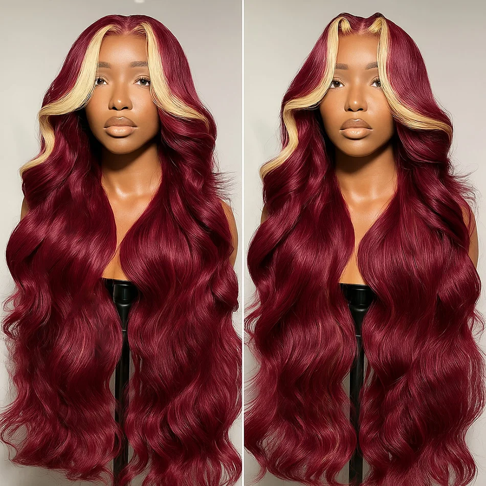 تسليط الضوء على بورجوندي 99J الأحمر مع 613 شقراء 13x4 HD الدانتيل الشفاف الباروكات الأمامية الجسم موجة 100% شعر الإنسان البرازيلي شعر مستعار ريمي