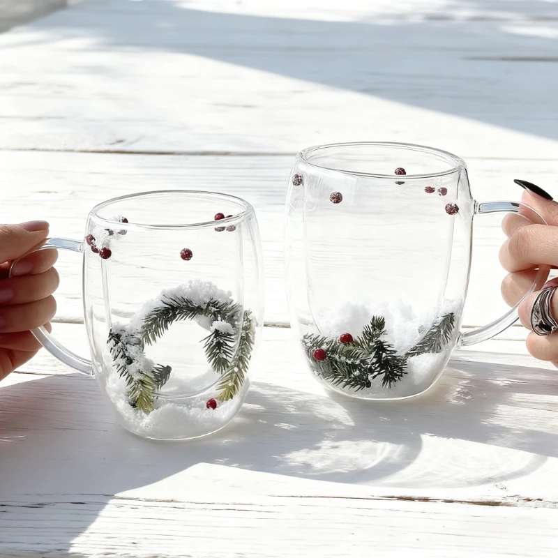 350ML Double Wall Glass Cup Transparent Christmas Theme Snow Coffee Cup Heat Resistant Juice Milk Glass Water Cup ‌Xmas Gift