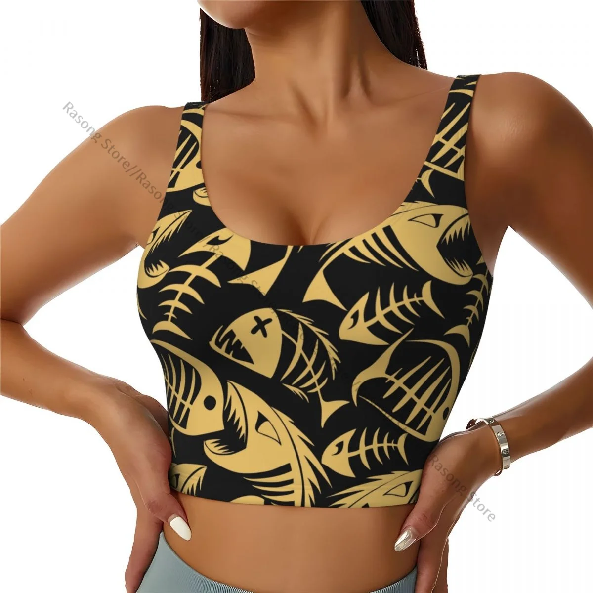 Yoga Vest Women Gym Sports Crop Tops Golden Fish Skeletons Streetwear Workout Breathable Tank Top Female