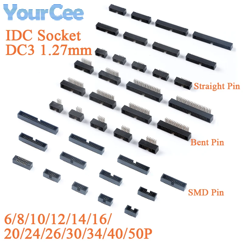 10pcs DC3 1.27mm Pitch IDC Socket Pin Header Connector Straight/Bent/SMD Pin Double Row Male Socket DC3-6/8/10/12/14/16/20-50P