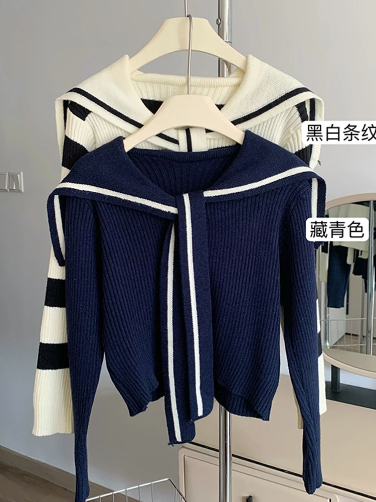 Autumn Women Striped Knitted Cardigan Office Lady Korean Fashion Long Sleeve Sailor Collar Basic Sweater Jumper Y2k Preppy Style