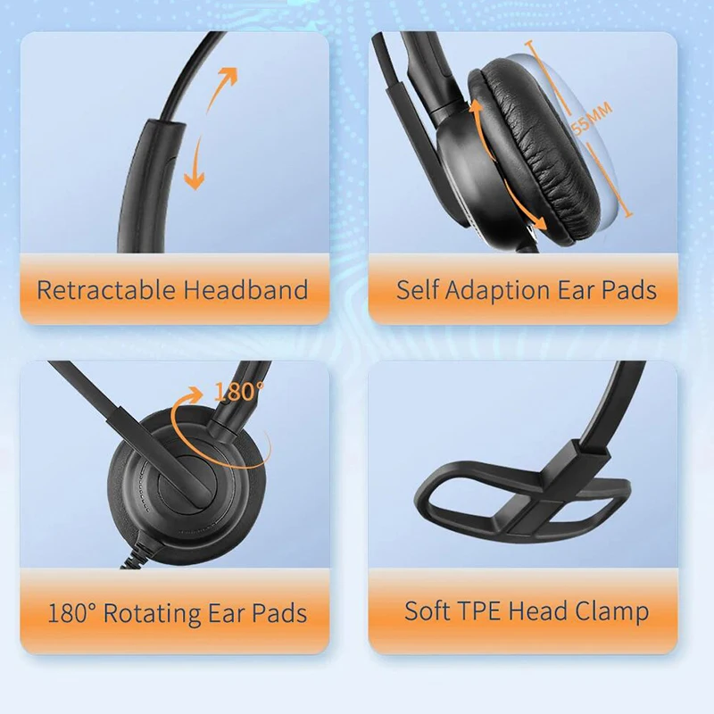 Headset mit Mikrofon für Callcenter, kabelgebundene Steuerungseinstellung, kompatibel mit PC/Handy/Festnetz