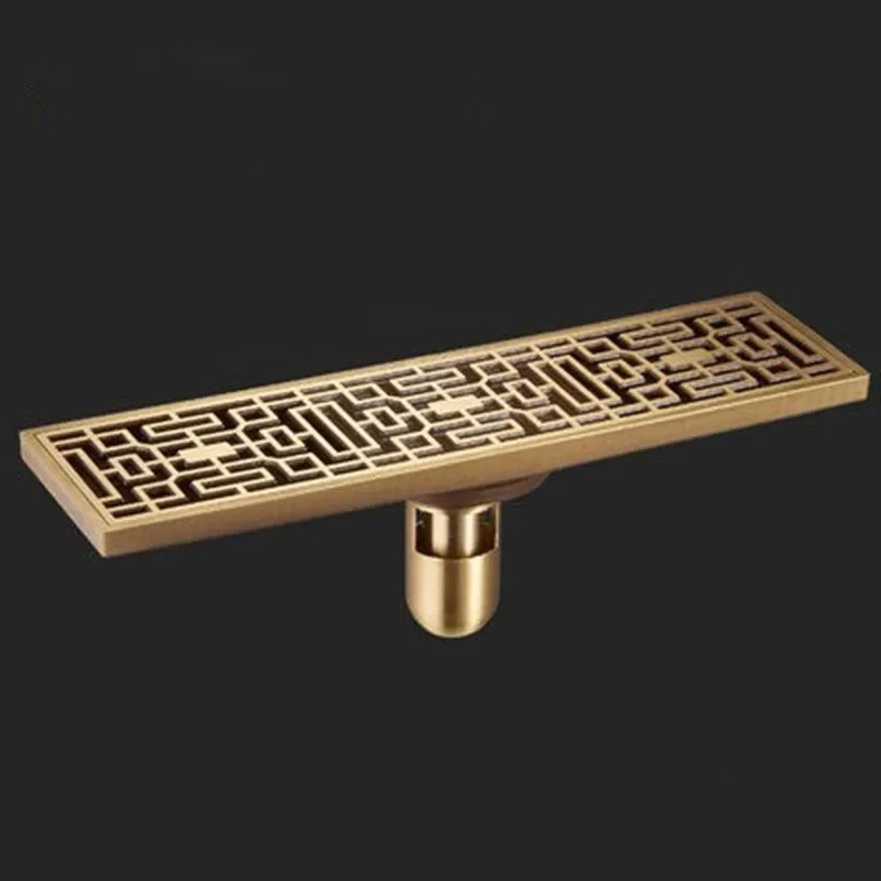 8*30cm Antique Brass Drain Anti-odor bathroom Art Carved Cover Waste Strainer deodorization Linear Shower Floor drain WY527