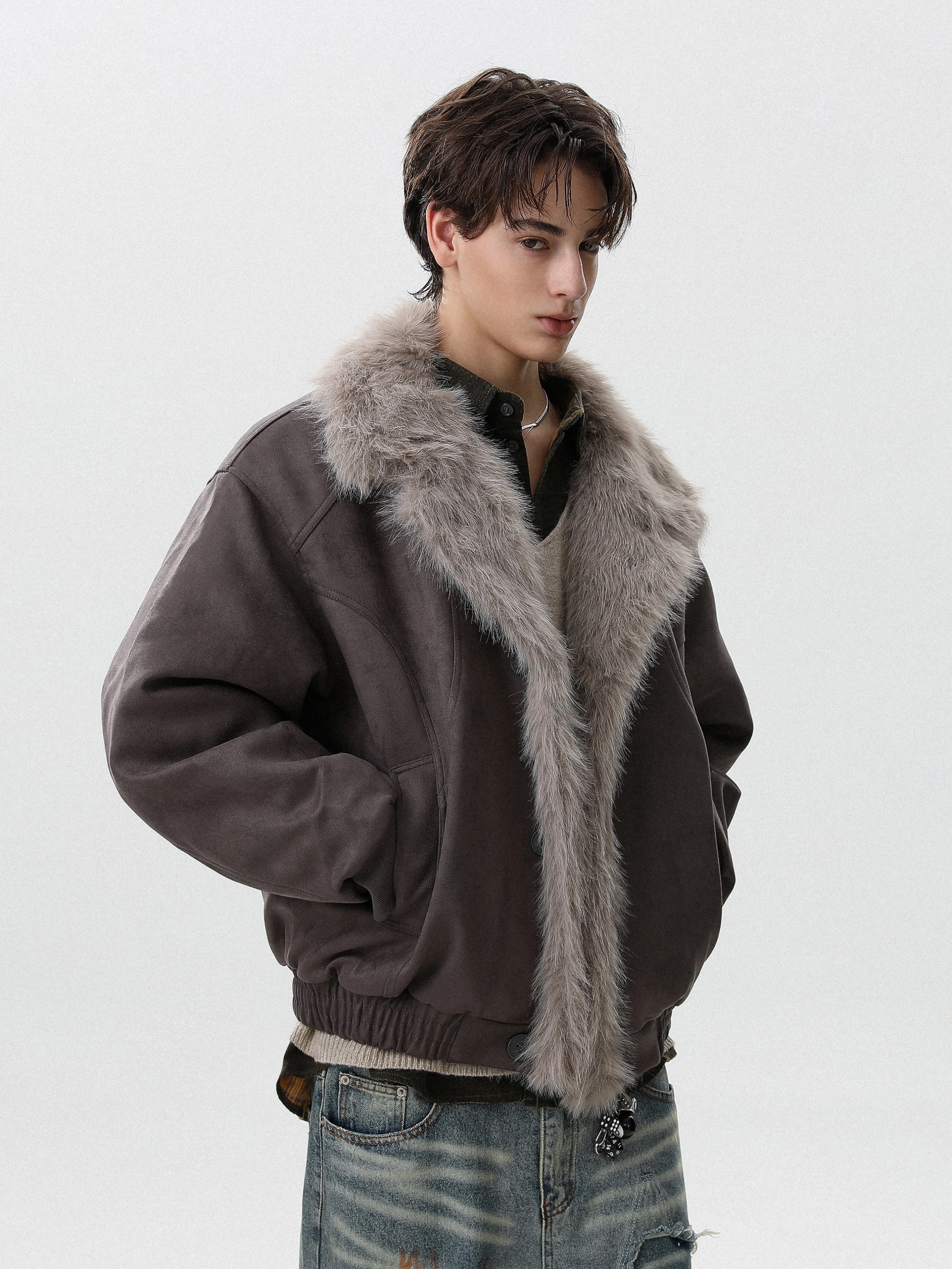 Men's 2025 Autumn New American Style Retro Faux Fur Integrated Thickened Warm Parkas Lapel Trend Cotton Jackets Solid Color Tops