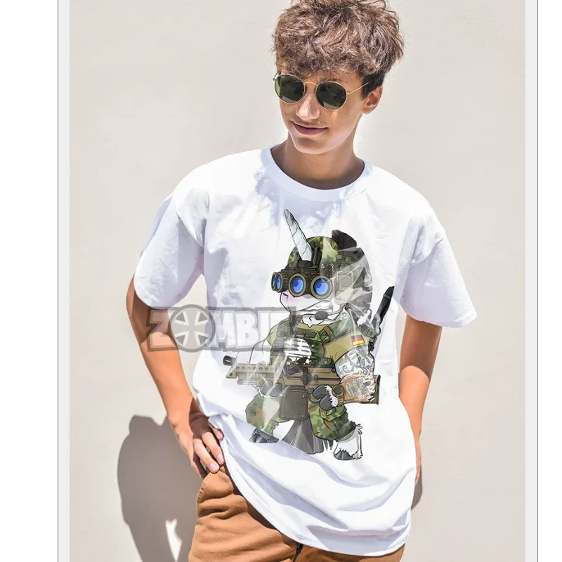 German Outdoor Pure Cotton Base Shirt Men's and Women's Short Sleeved Camouflage Cartoon Printed Tactical T-shirt