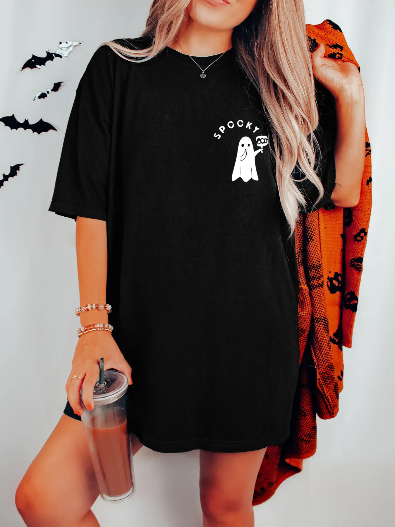 

[1pc Halloween Stay Spooky T-Shirt Dress] 1pc Halloween Stay Spooky Skeleton Hand Print Loose