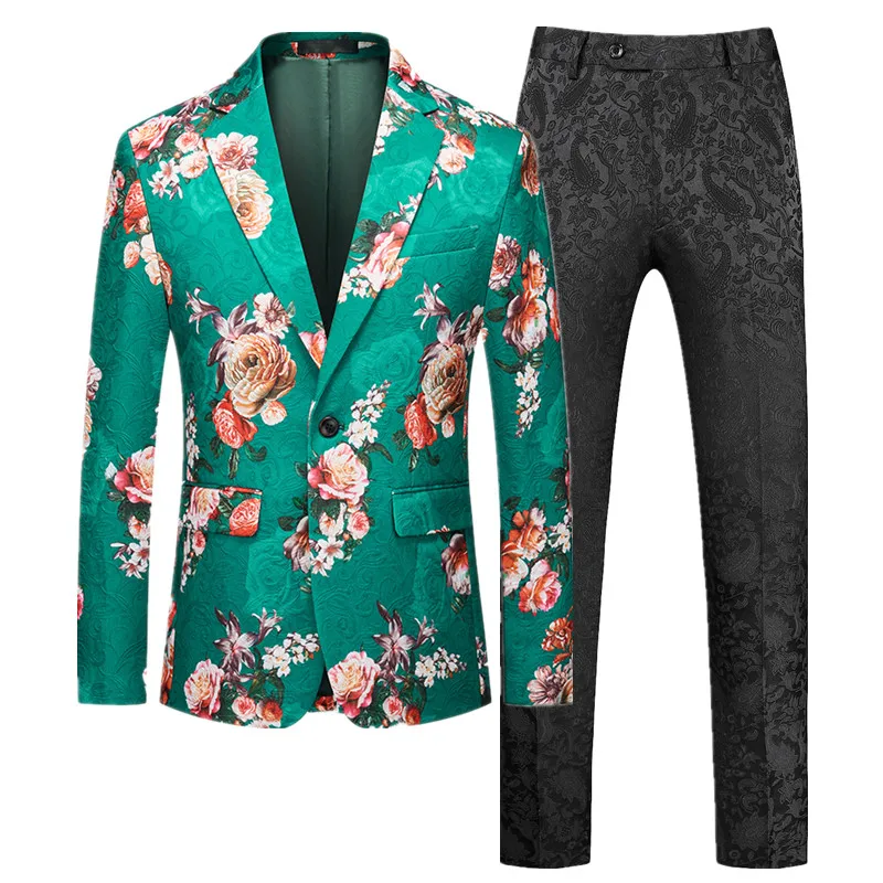

( Jacket +Pant ) Men Jacquard Suit 2 Piece Set Green / Yellow / Black Fashion Male Wedding Dance Party Flower Blazer and Trouser