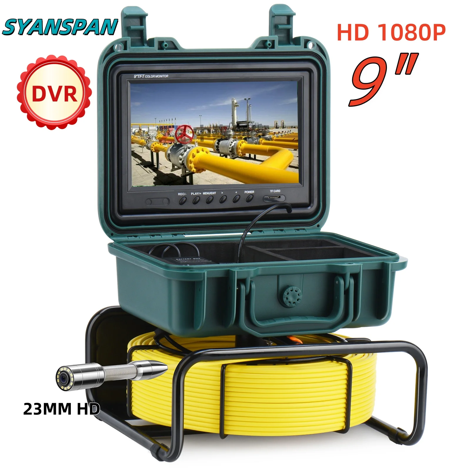 

23MM SYANSPAN Industrial Pipeline Endoscope 9-inch HD Display Screen With DVR Function IP68 Waterproof Inspection Sewer Camera