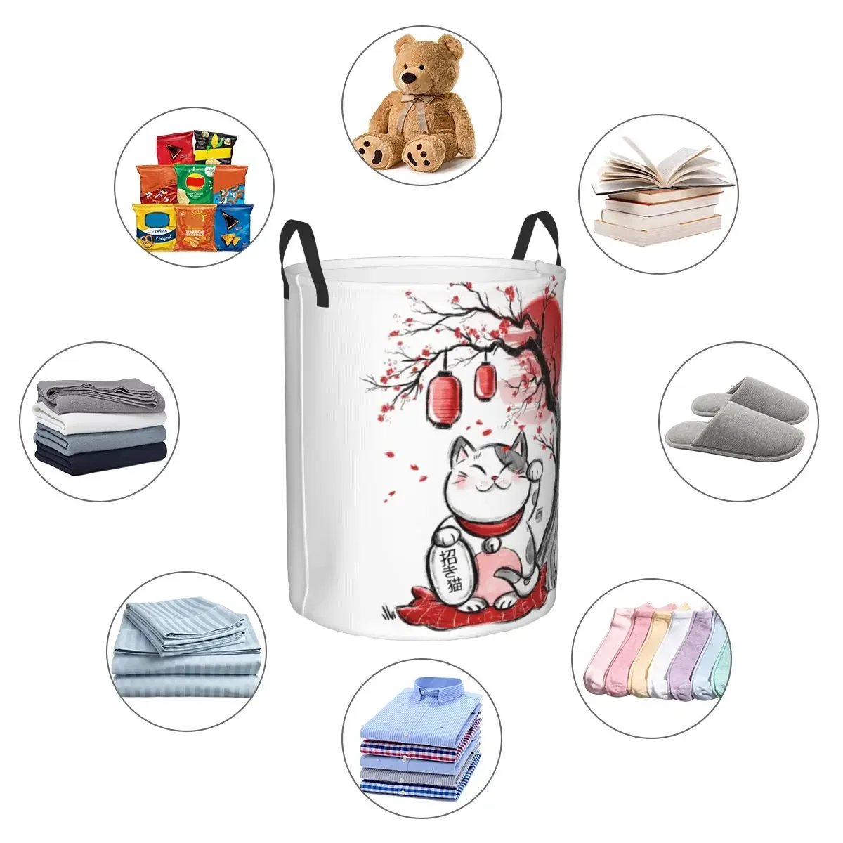 Maneki Neko Sakura Flowers Laundry Basket Foldable Large Capacity Clothing Storage Bin Lucky Cat Cherry Blossom Hamper view 5