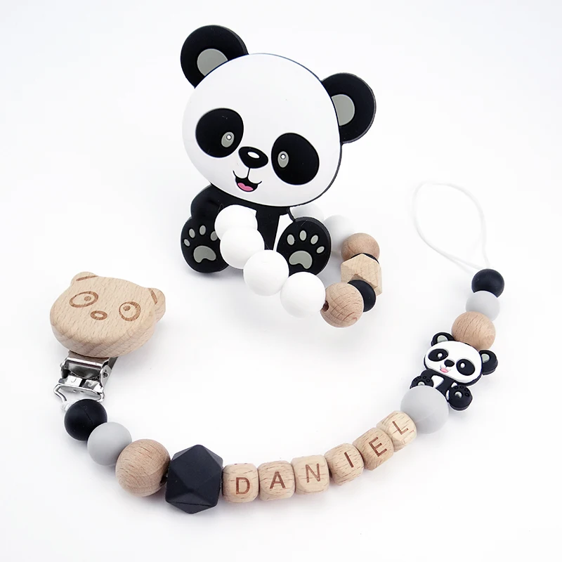 Clips de sucette personnalisés avec nom de dessin animé, chaîne factice en bois, perles en Silicone, Clip pour bébé sans BPA, collier d\'attache de
