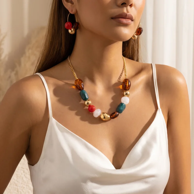 Vintage Colorful Big Resin Beaded Jewelry Set Chunky Choker Necklace Hoop Earrings Women Party Daily Statement Jewelry