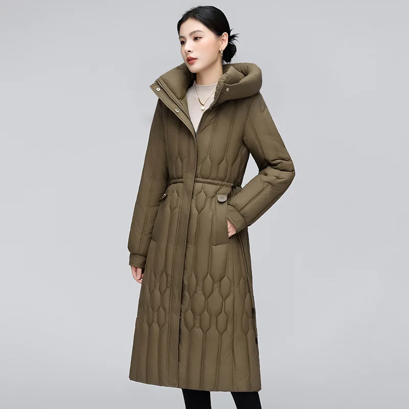 

Women's Solid Color Snow Jacket Winter Fashion Slim-Fit Long Pockets Zipper Coat Hooded Thickened Warm Cotton Outwear