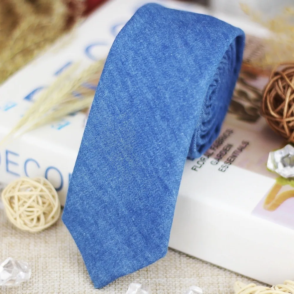 Classic Solid Color Jean Fabric Tie Narrow Soft Denim Men Necktie Hand Tied Blue Retro Cravat Suit Accessories