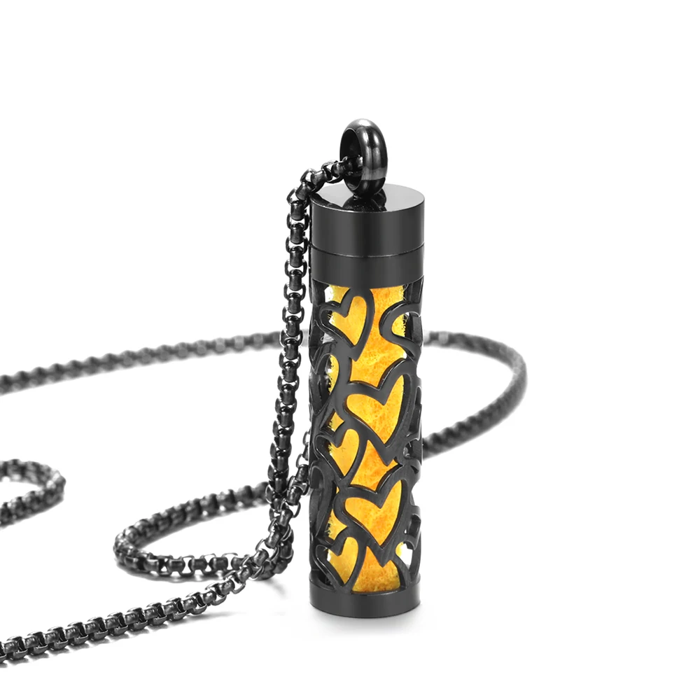 New Black Cylindrical Stainless Steel Aromatherapy Necklace Perfume Essential Oil Diffuser Spiral Open Palm Print Locket Pendant