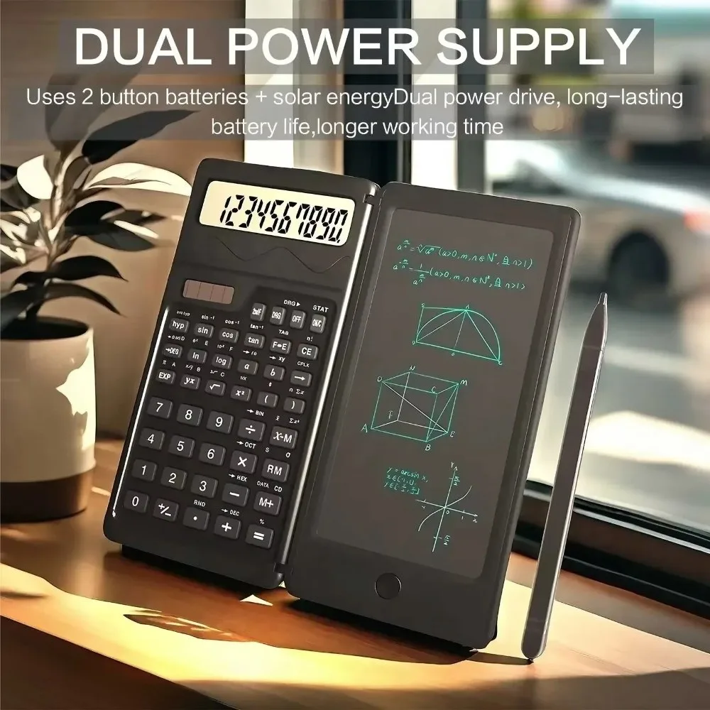 LCD Screen Scientific Calculator 2 in 1 Foldable Design Writing Tablet Calculator Erase Button Lock Solar Energy
