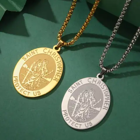 LIKGREAT Religious ST.Christopher Protect Us Medal Necklace Stainless Steel Catholic Saint Amulet Pendant Jewelry