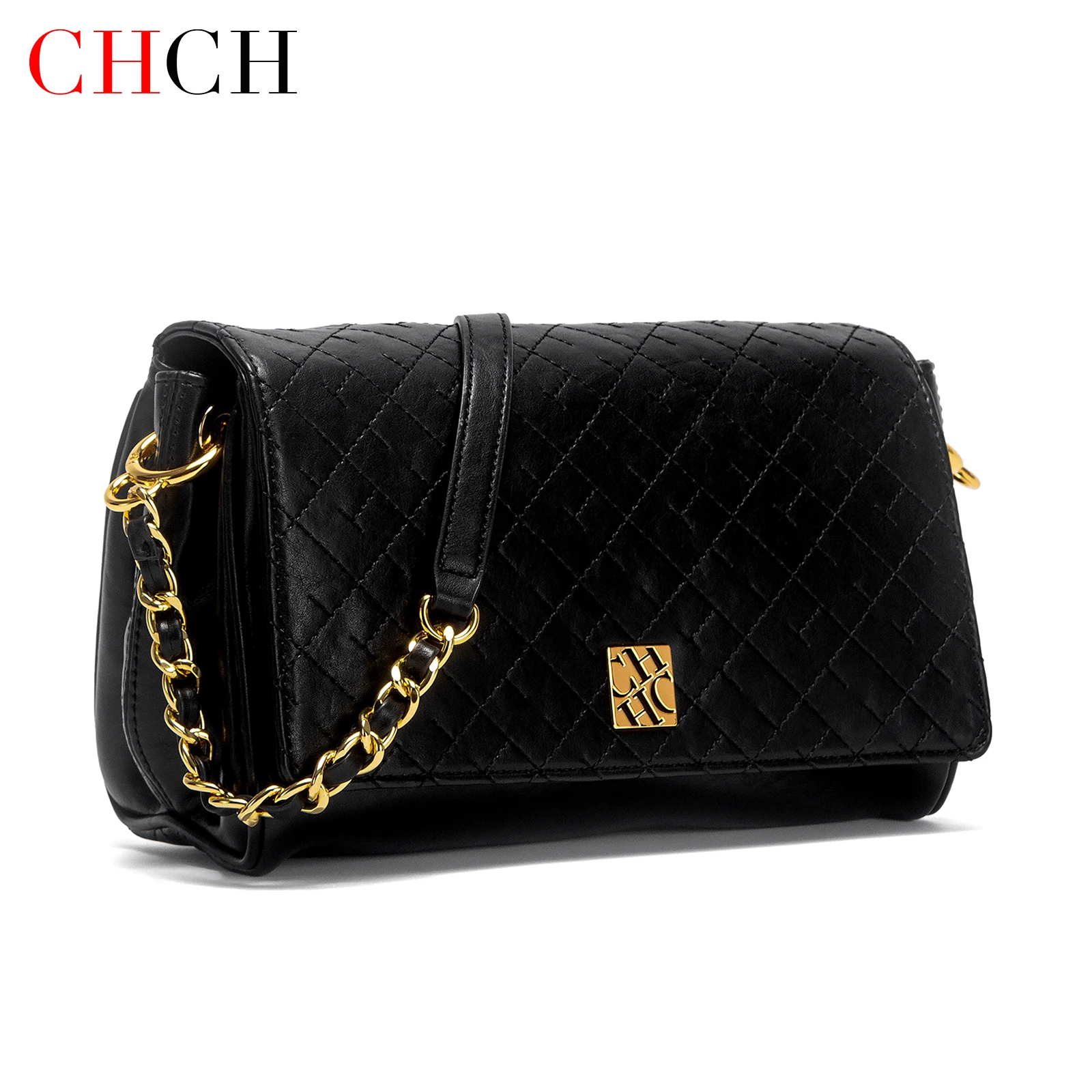 CHCH Women Black PU Leather Quilted Stitching Chain Underarm Bag Magnetic Flip Cover Fashion Shoulder Handbag