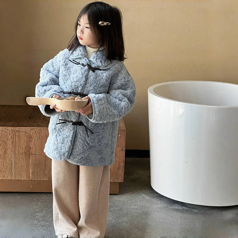 

Girls Coat 2024 Winter New Childrens Wear Korean Style Girl Baby Foreign Style Horn Button Warm Thick Fur Coat Casual Simple