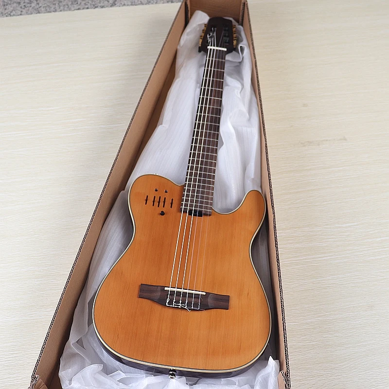 39-Zoll-6-Saiten, komplett handgefertigt, Rose-Griffbrett der Güteklasse A, rote Zedernholzplatte, hochglänzend, leise, elektrische klassische Gitarre