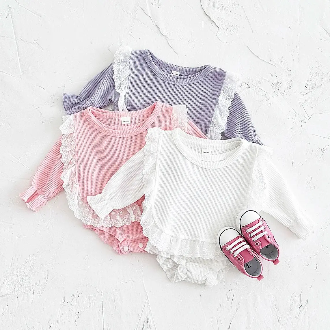 Full Moon Baby Girl Basic Spring Autumn Princess Triangle Bubble Romper Long Sleeve+Cotton Yarn Lace Bibs 0-18M Toddler Clothes